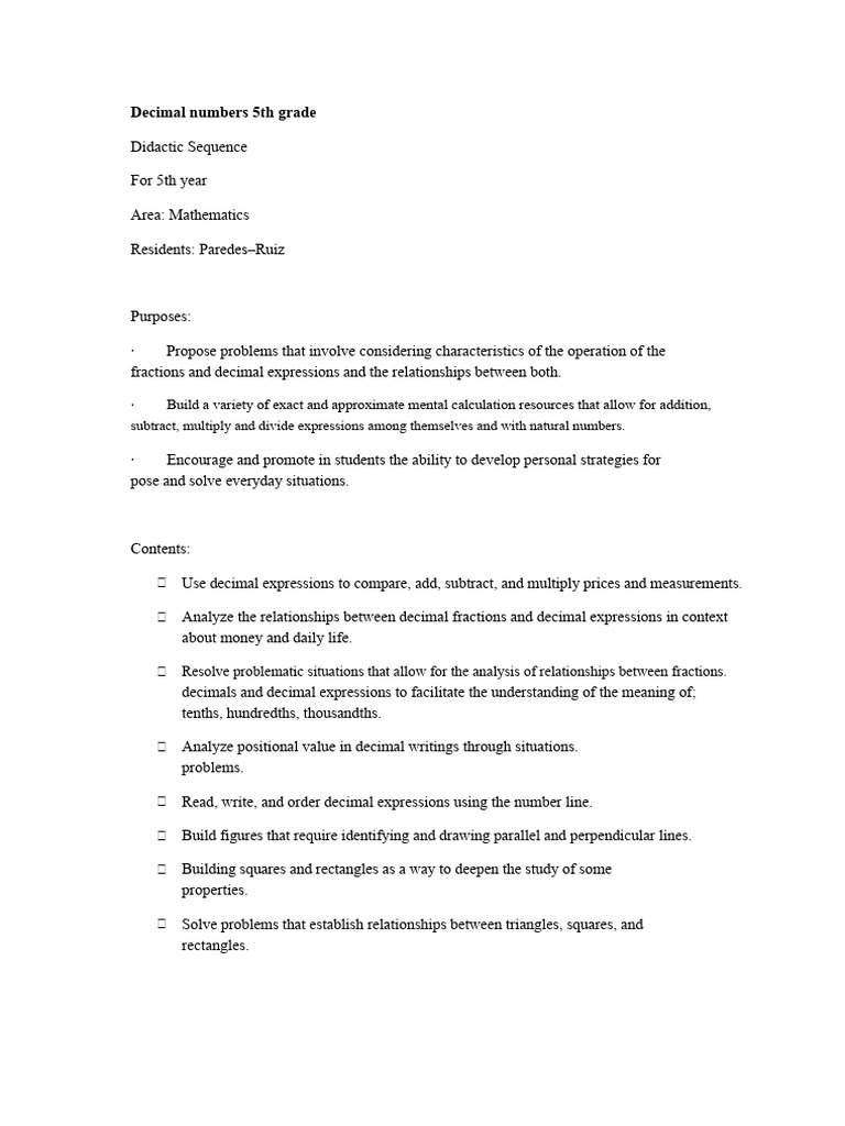 5th Grade Decimal Numbers Lesson Plan | PDF | Decimal | Numbers