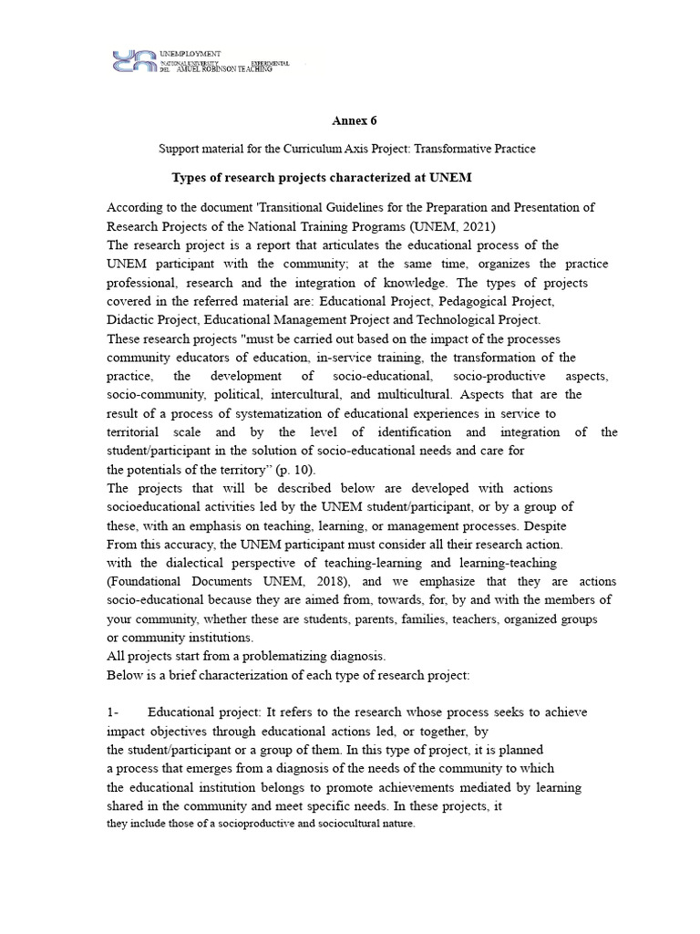 UNEM Research Project Types Explained | PDF | Pedagogy | Community