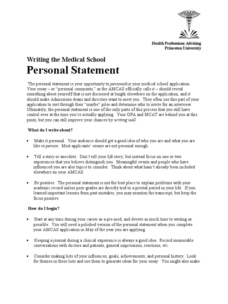 Writing The Personal Statement - Princeton Medical School  PDF