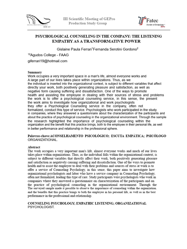 Empathy in Workplace Counseling | PDF | Psychotherapy | Psychology