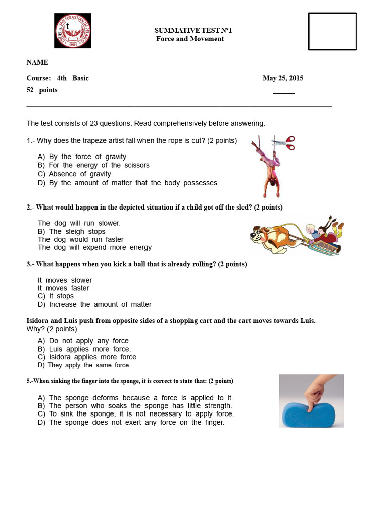 Force and Movement Test for 4th Grade | PDF | Force | Gravity