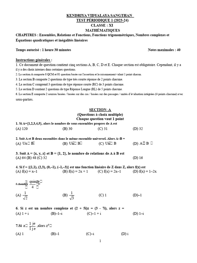 Test de mathématiques Classe XI 2023-24 | PDF | Choix multiple ...
