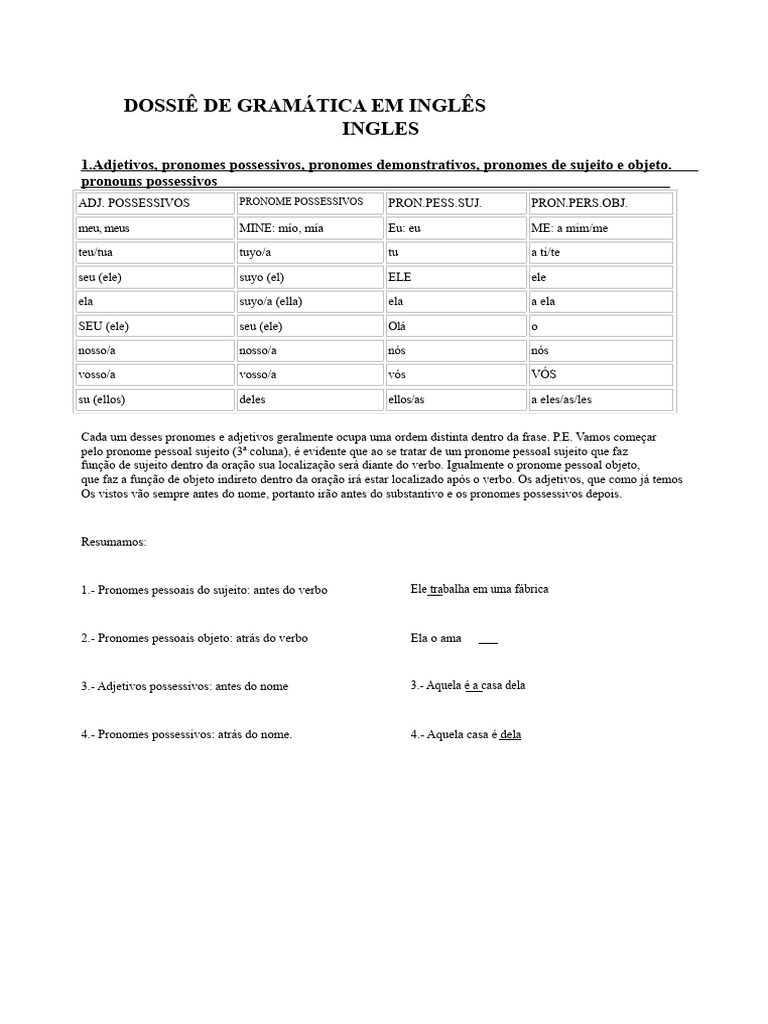 Gramática Básica de Inglês: Pronomes e Verbos | PDF | Pronome | Assunto ...