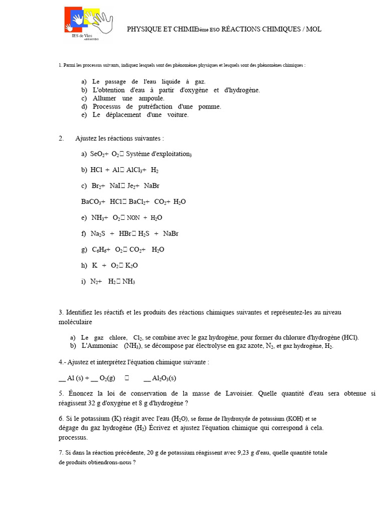 Réactions chimiques et calculs de moles | PDF | Chimie | Oxygène