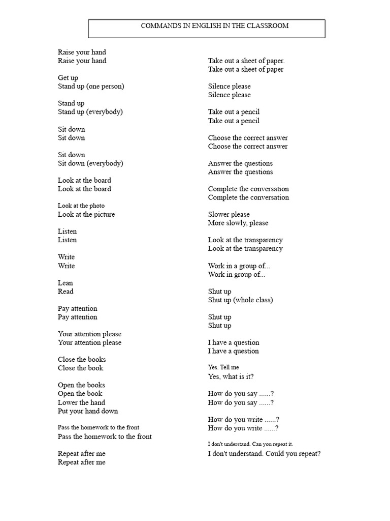 Classroom Commands in English | PDF