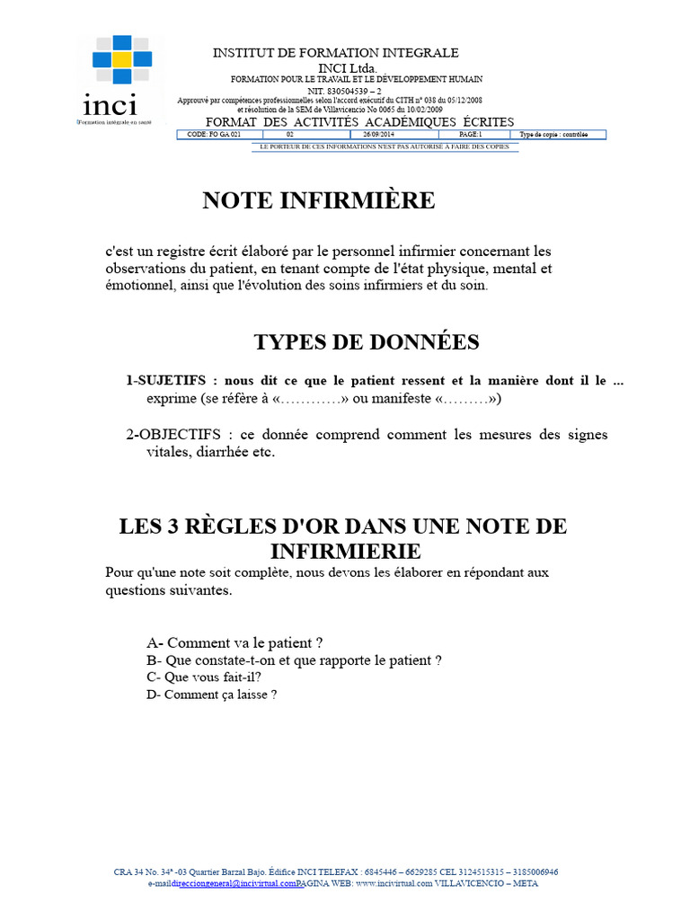 Note Infirmière : Guide et Exemples | PDF | Allaitement | Spécialités ...