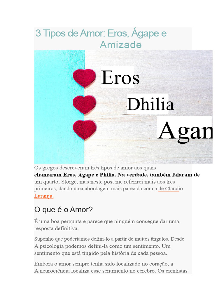 Tipos de Amor: Eros, Philia e Ágape | PDF | Amor | Sentimento
