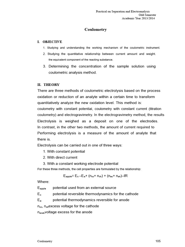 Coulometry in Electroanalysis Techniques | PDF | Titration | Chemistry