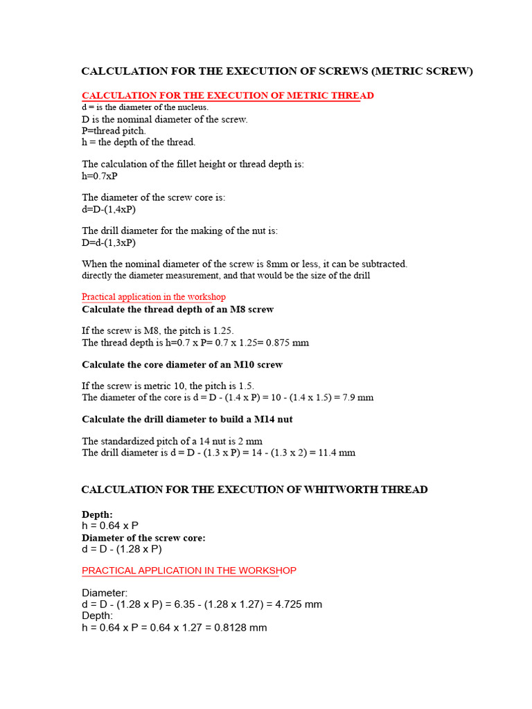 Calculation For The Execution of Threads | PDF | Gear | Screw
