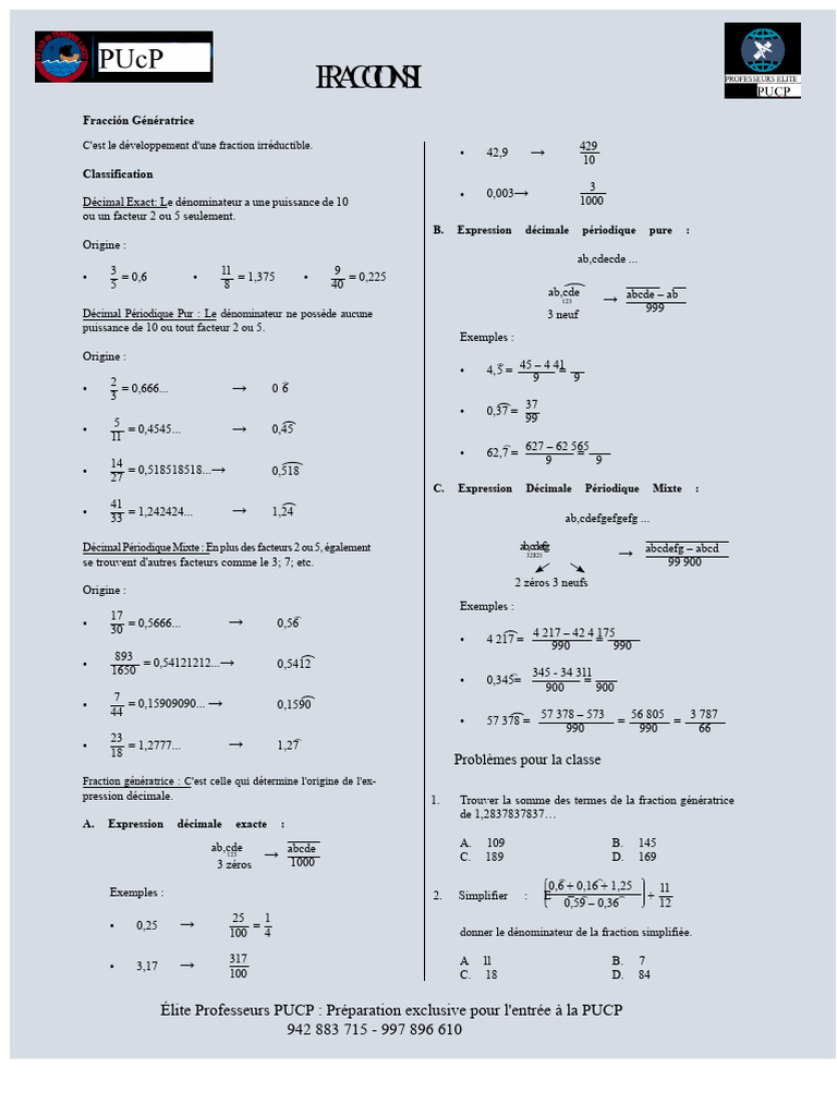 Fractions Génératrices et Décimales | PDF | Mathématiques élémentaires ...