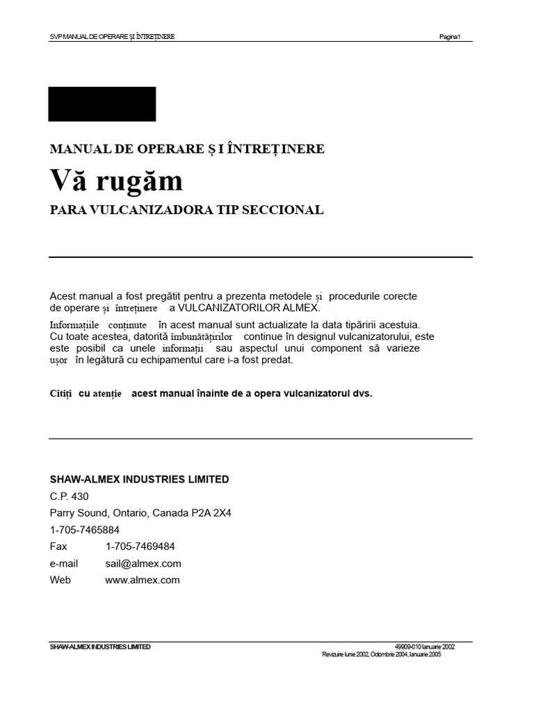 ALMEX 8 - Manual de Operare Pentru Presa SVP | PDF