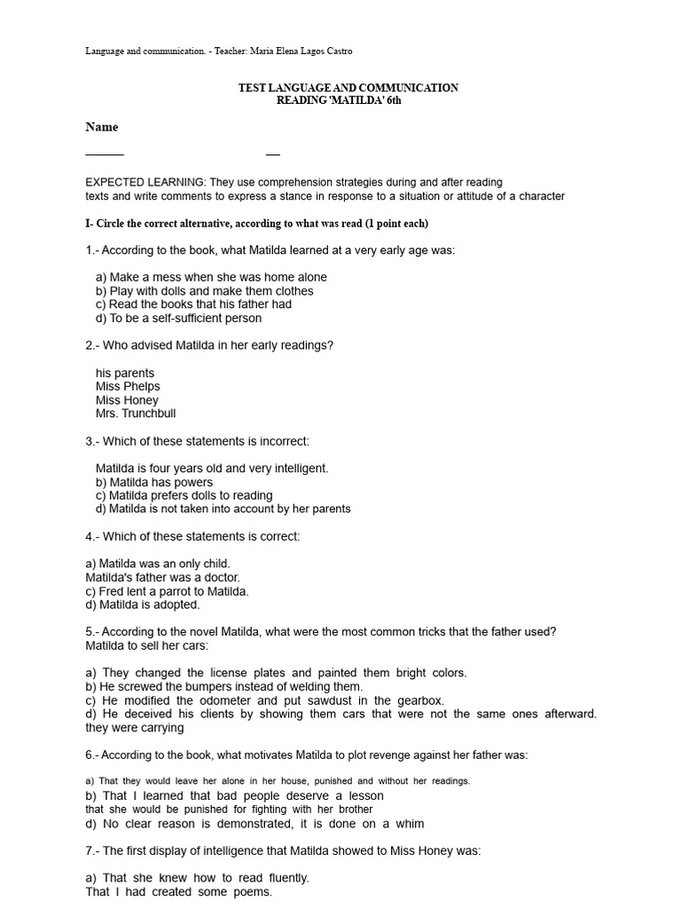 Matilda Reading Comprehension Test | PDF
