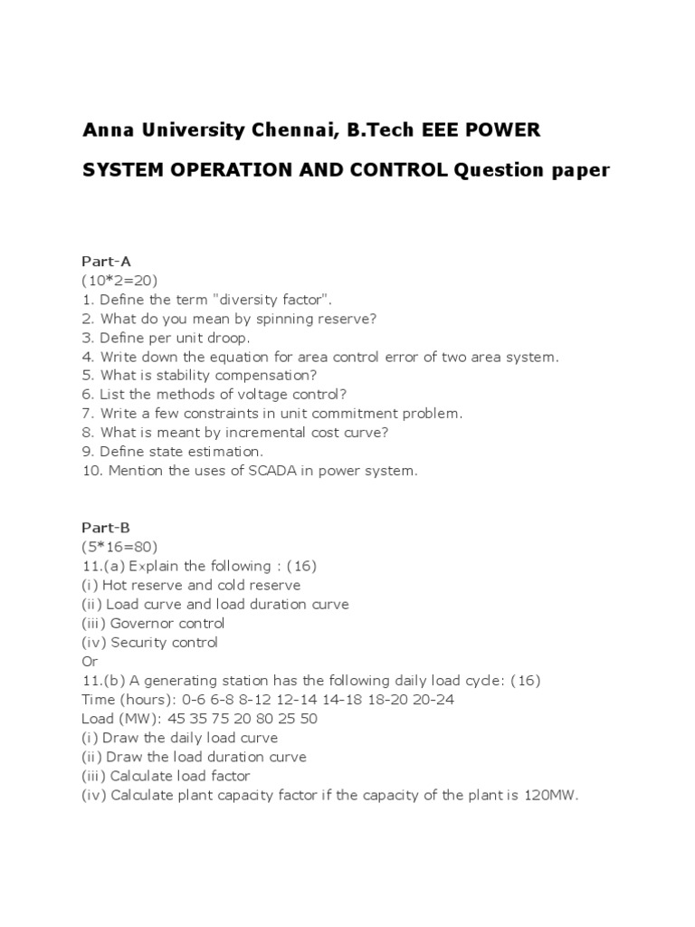 Anna University Chennai, Eee Power System Operation and Control