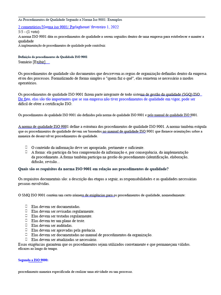 Procedimentos de Qualidade ISO 9001 | PDF | Qualidade (negócios ...