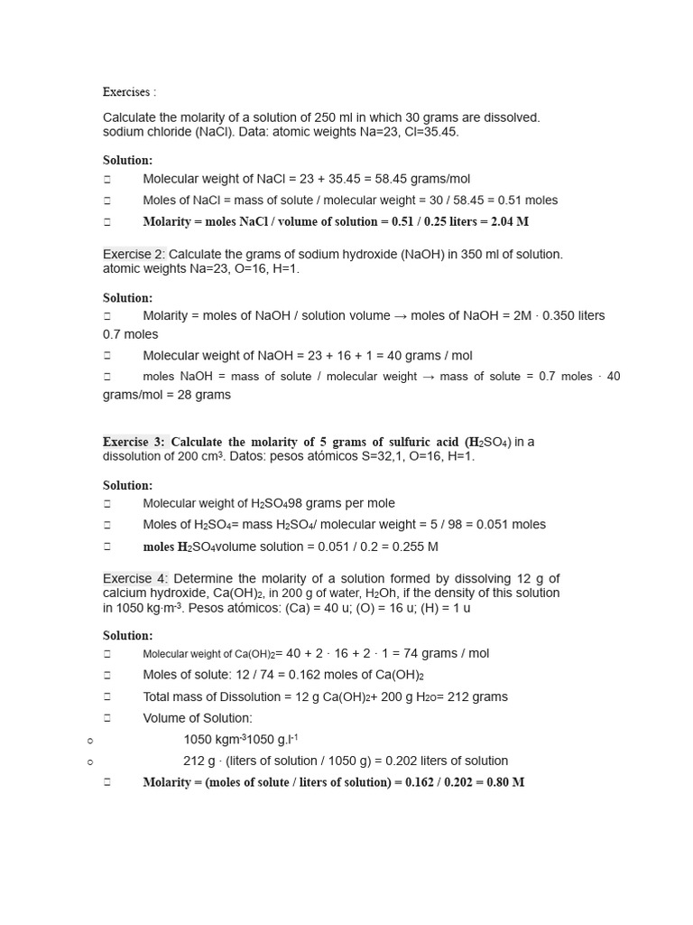 Molarity and Concentration Calculations | PDF | Mole (Unit) | Chemistry