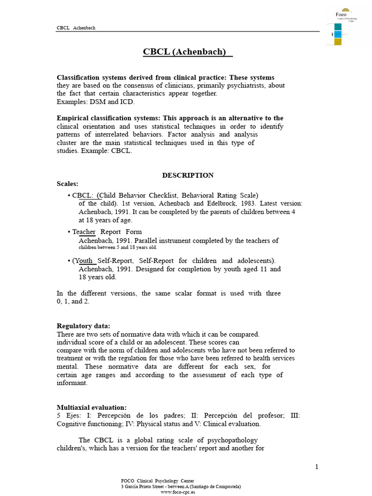 Child Behavior Checklist Overview | PDF | Attention Deficit ...