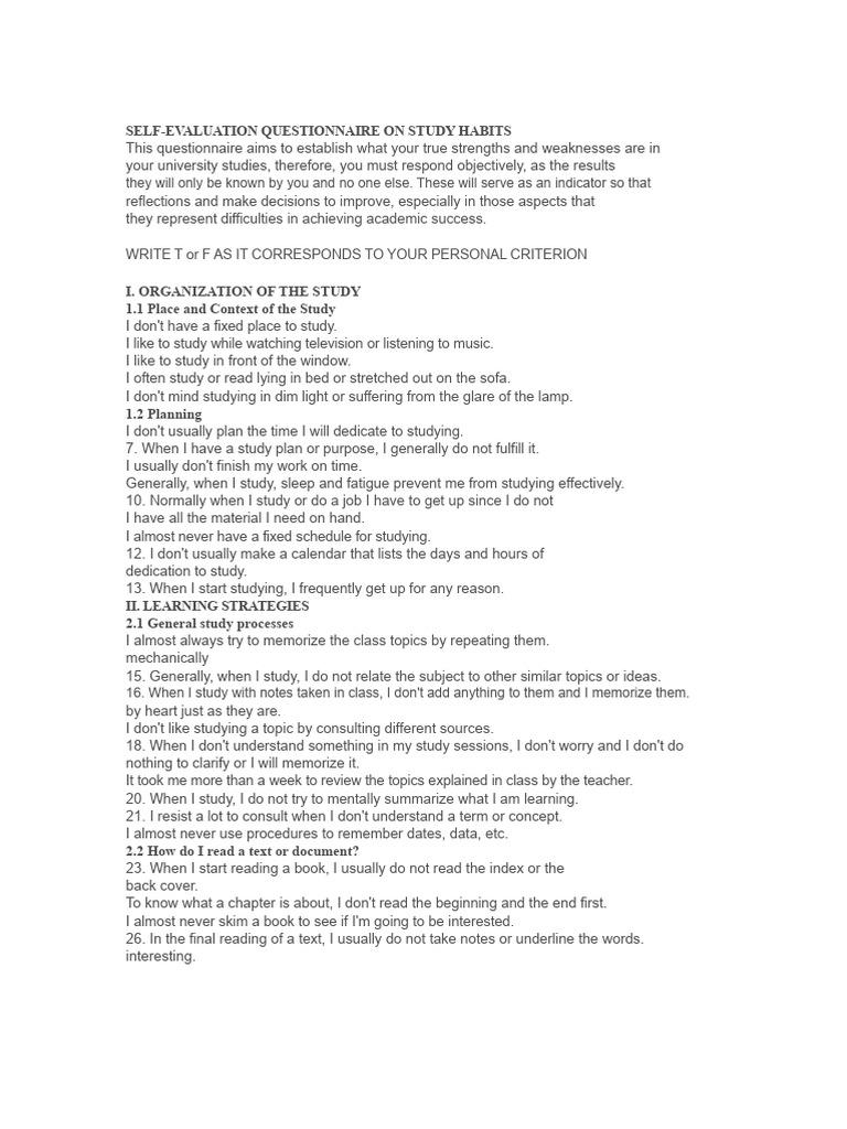 Study Habits Self-Evaluation Quiz | PDF | Cognition | Cognitive Science
