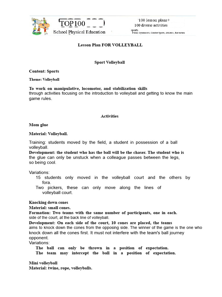 Lesson Plan FOR VOLLEYBALL | PDF | Volleyball | Entertainment