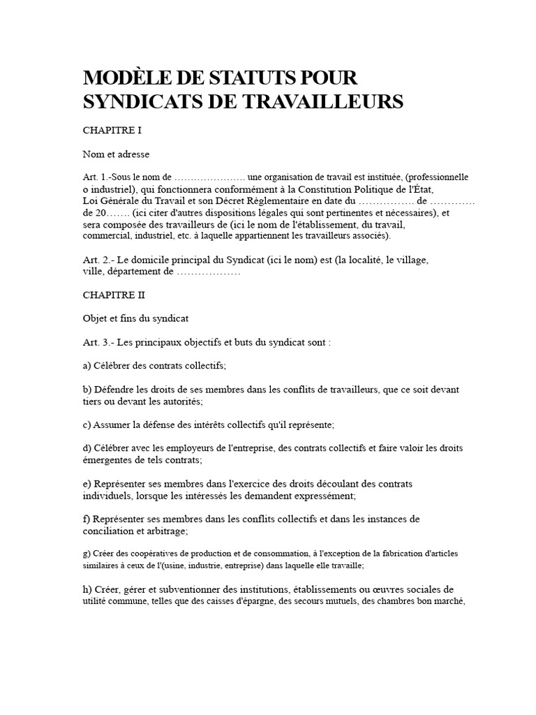 Modèle de Statuts Syndicat Professionnel | PDF | Assemblée générale des ...