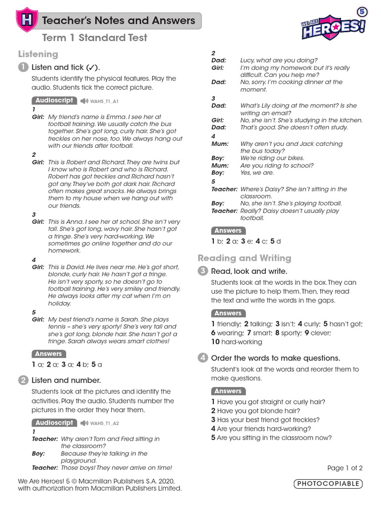 Teacher's Notes for WAH5 Term 1 Test | PDF