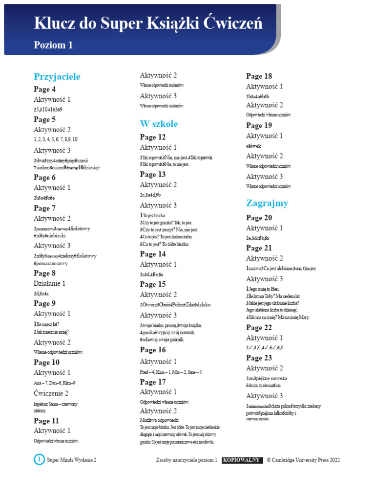 SM2ed Super Practice Book L1 Klucz Odpowiedzi | PDF