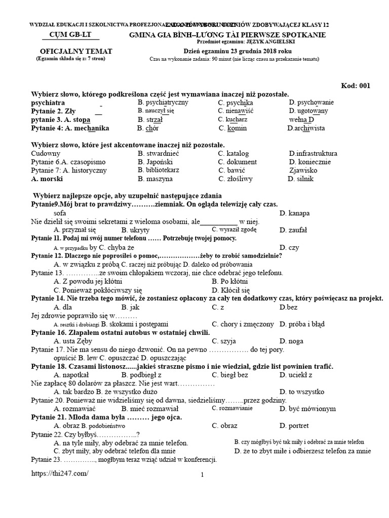 Test Proficiency in English for 12th Grade 2018 - 2019 Gia Bình - Lương ...