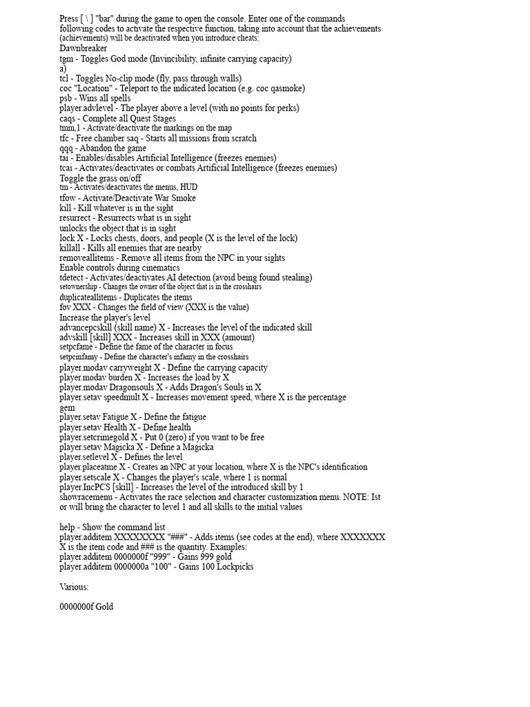 Skyrim Console Commands Guide | PDF
