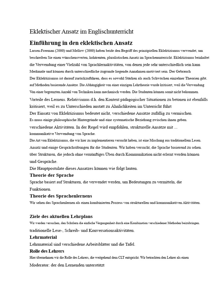 Ekletischer Ansatz Im Englischunterricht | PDF