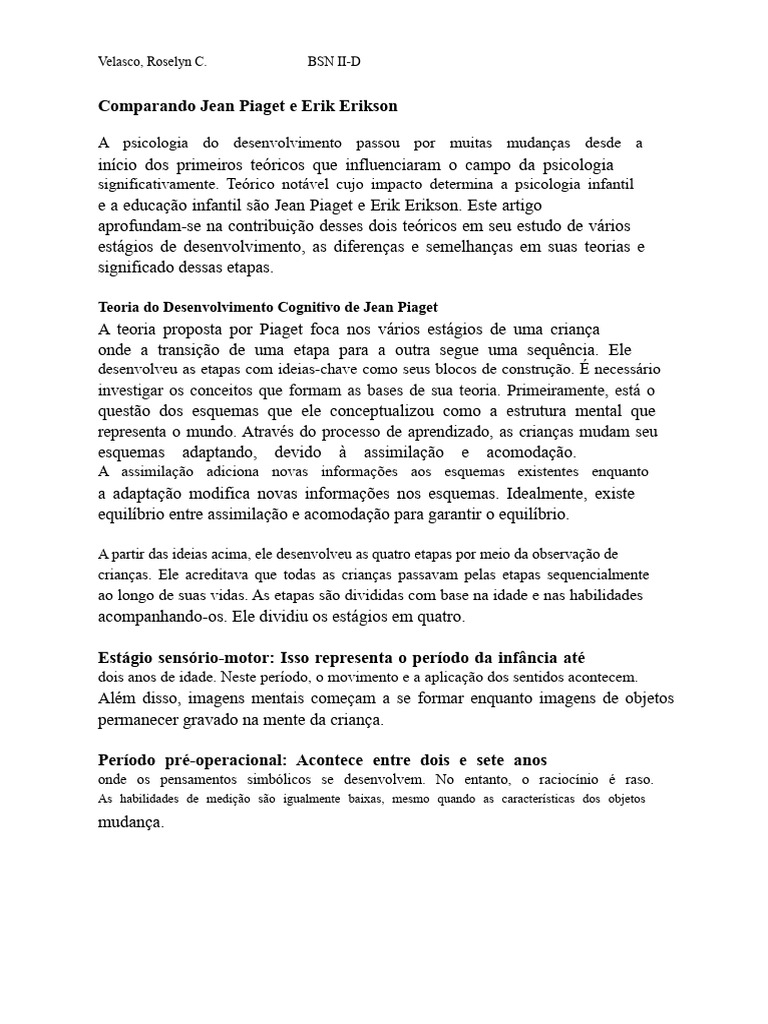 Comparando Jean Piaget e Erik Erikson | PDF | Psicologia do ...