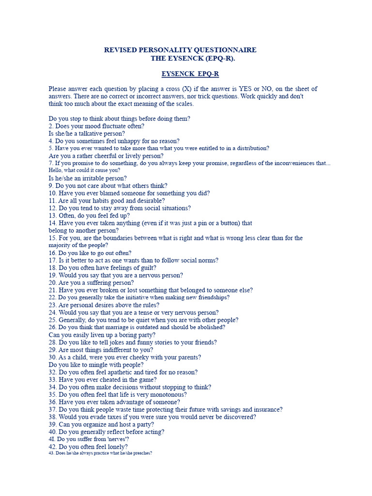 Eysenck Personality Questionnaire (EPQ-R) | PDF | Extraversion And ...