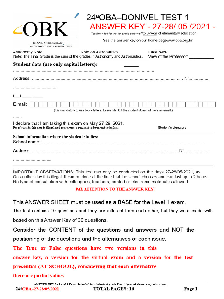 OBA Level 1 Exam Answer Key 2021 | PDF | Planets | Sun