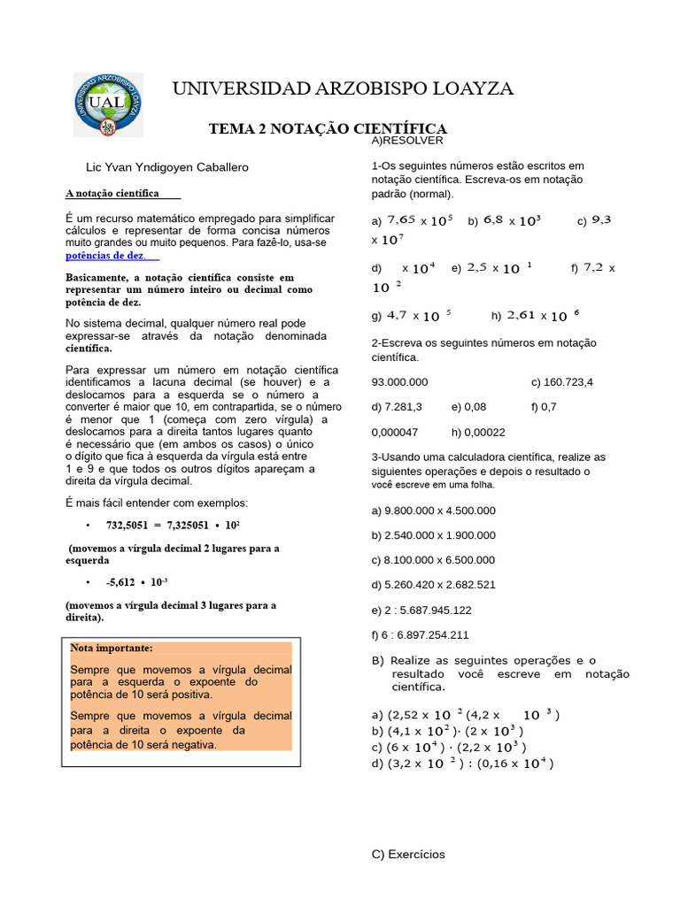 Notação Científica: Exercícios e Exemplos | PDF | Decimal | Exponenciação