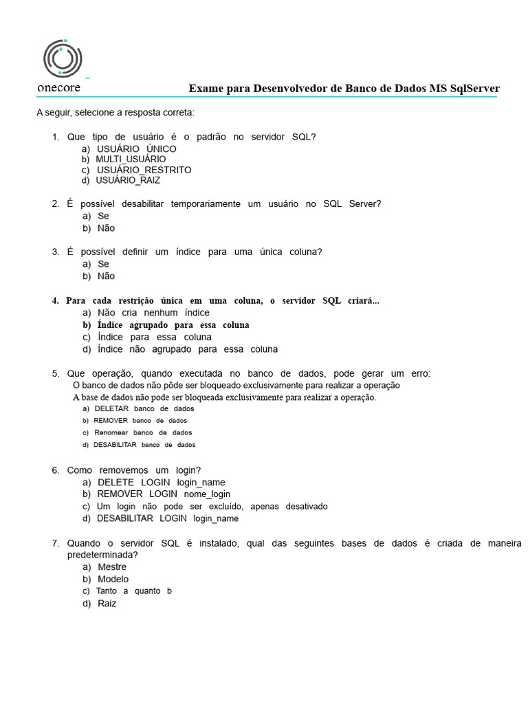 Exame para Desenvolvedor MS SQL Server | PDF | Microsoft SQL Server ...