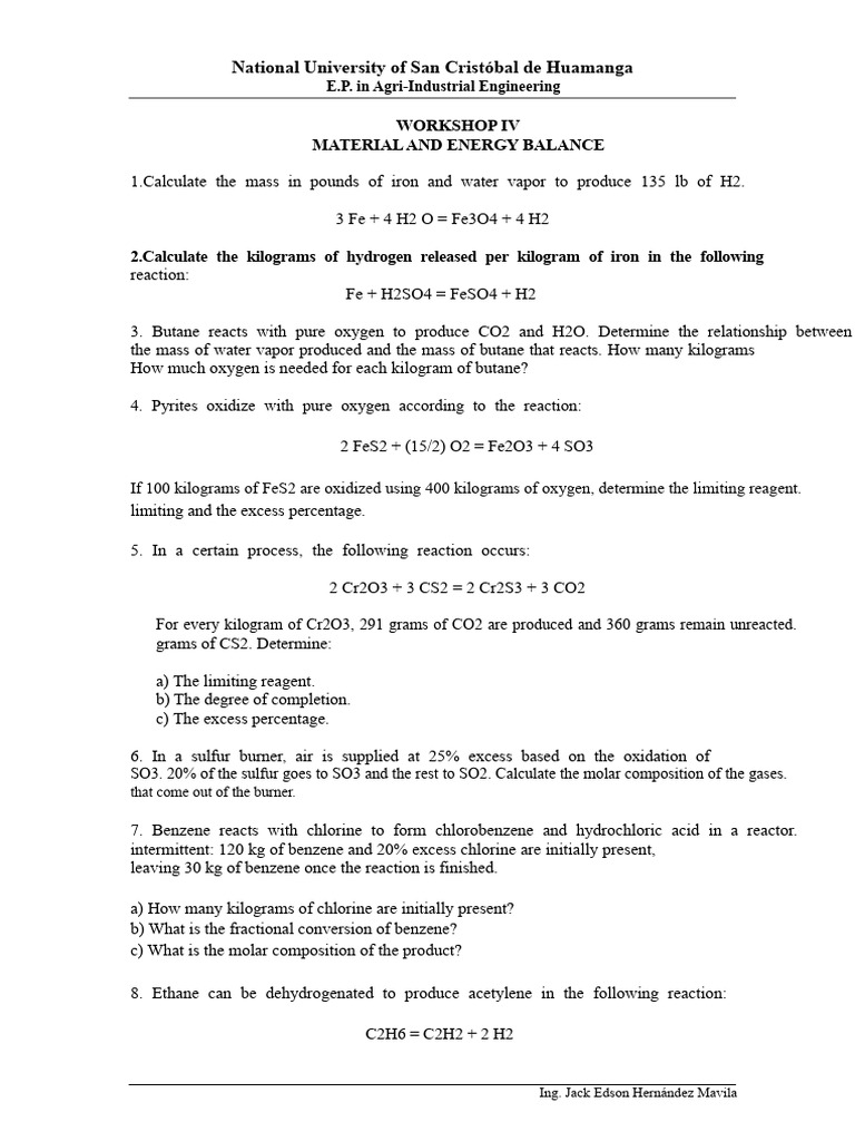 Workshop Iv Materials Energy Balance | PDF | Combustion | Industrial Gases