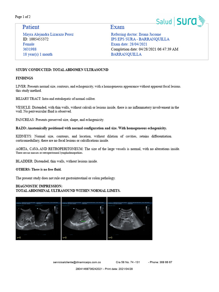Normal Total Abdomen Ultrasound Report | PDF | Abdomen | Liver