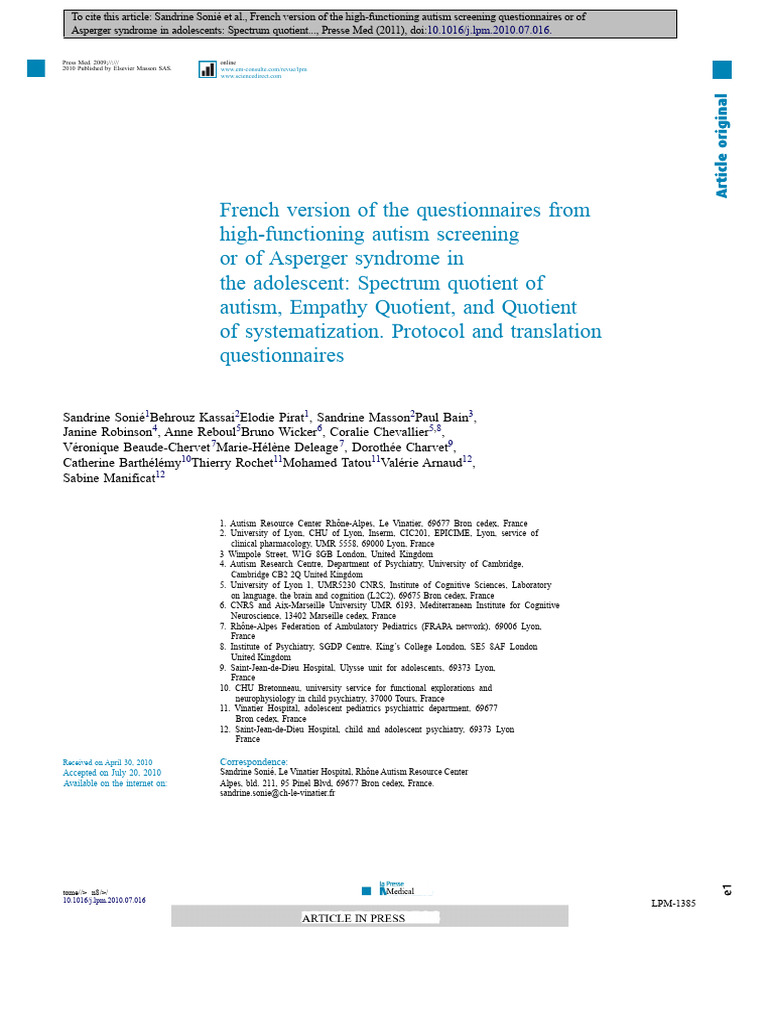 French Autism Screening Questionnaires | PDF | Asperger Syndrome | Autism