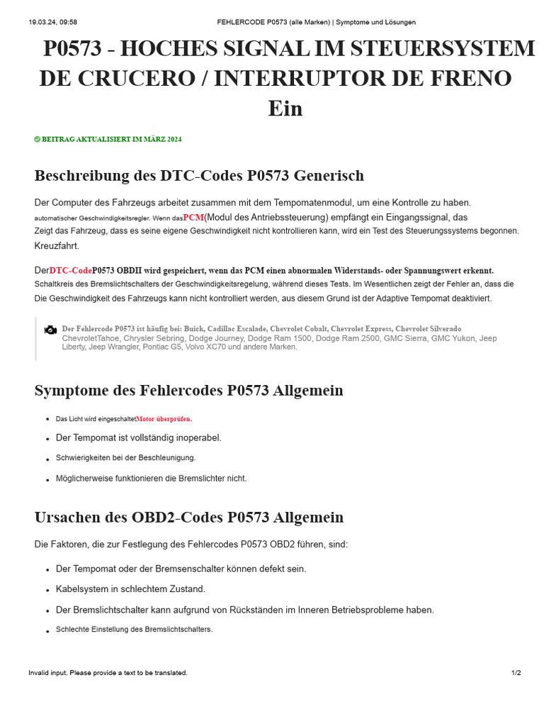 FEHLERCODE P0573 (Alle Marken) - Symptome Und Lösungen | PDF