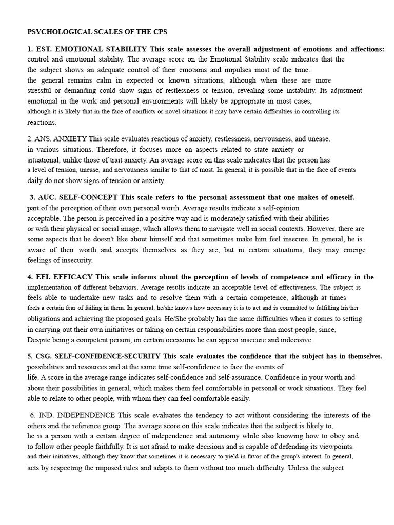 Psychological Scales of CPS Evaluation | PDF | Anxiety | Leadership