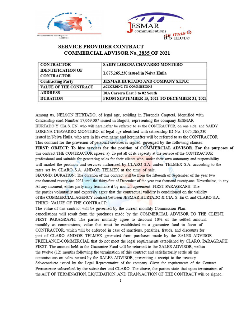 Commercial Advisor Contract | PDF | Identity Document | Employment