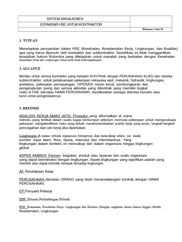 Standar HSE untuk Kontraktor dan Subkontraktor | PDF