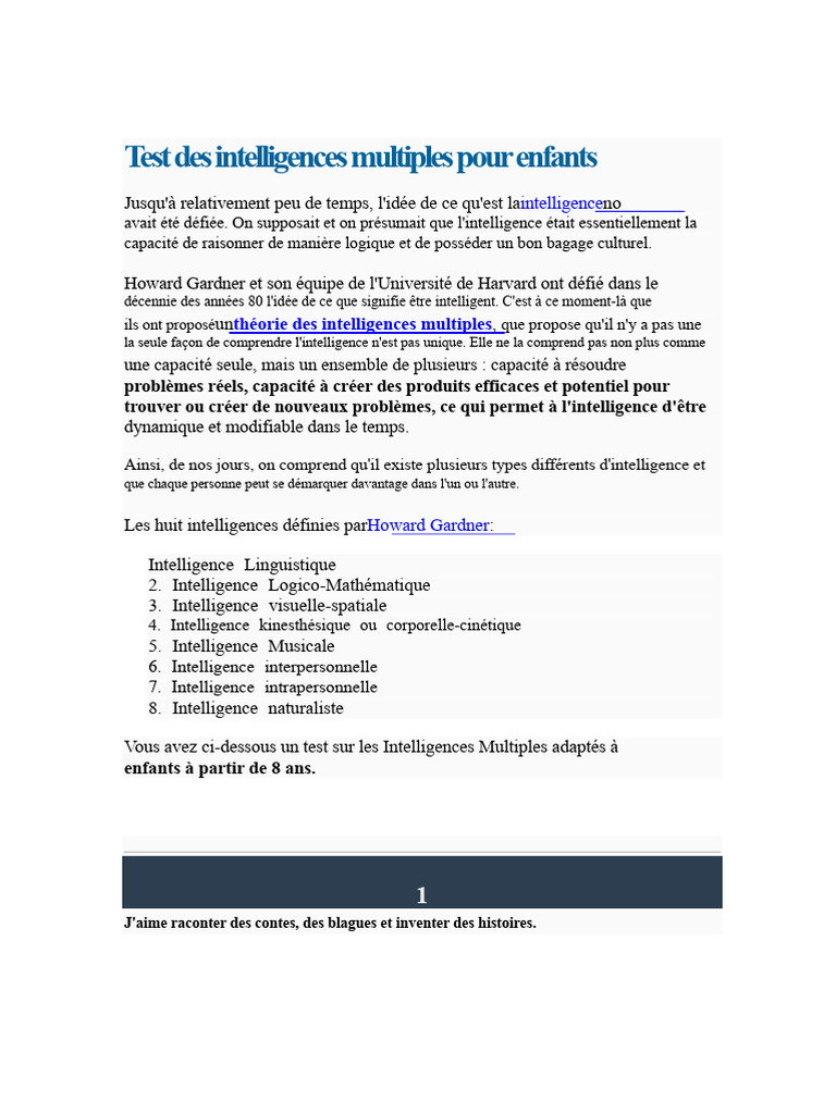Test des intelligences multiples pour enfants | PDF | Intelligence ...