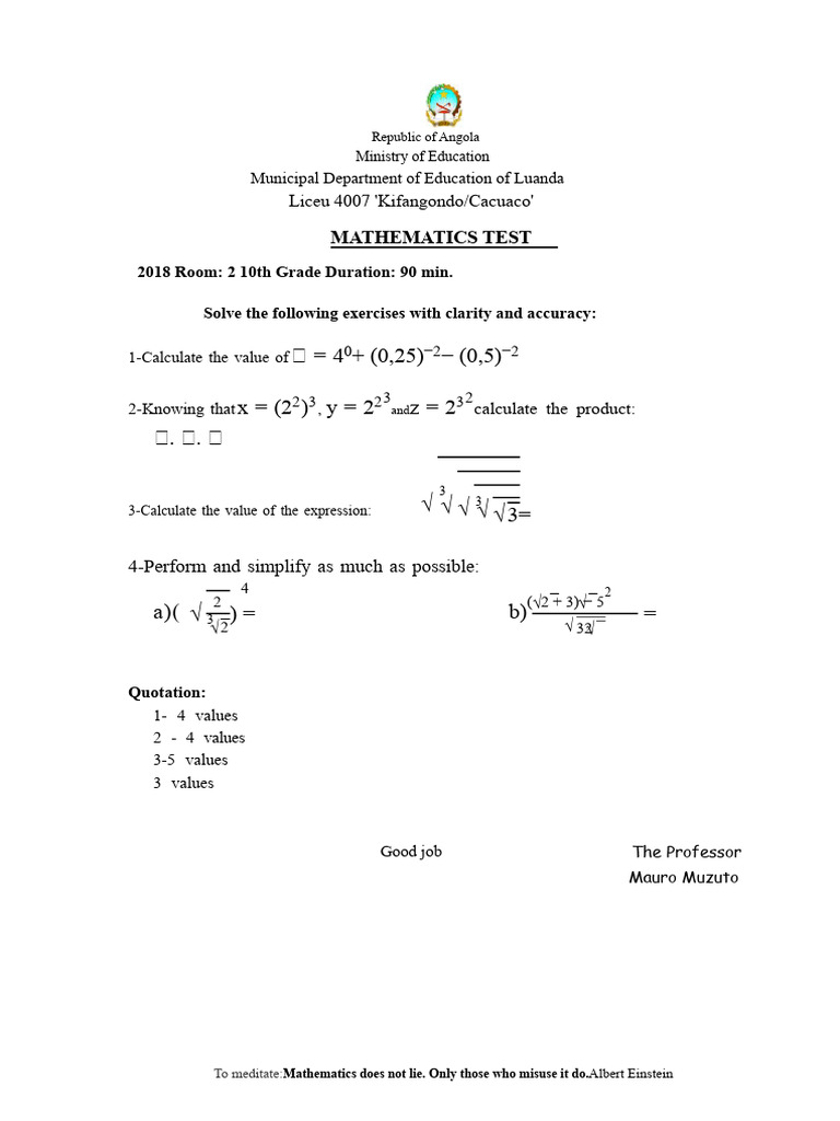 Mathematics Exam 10th Grade 2018 | PDF | Mathematics | Learning