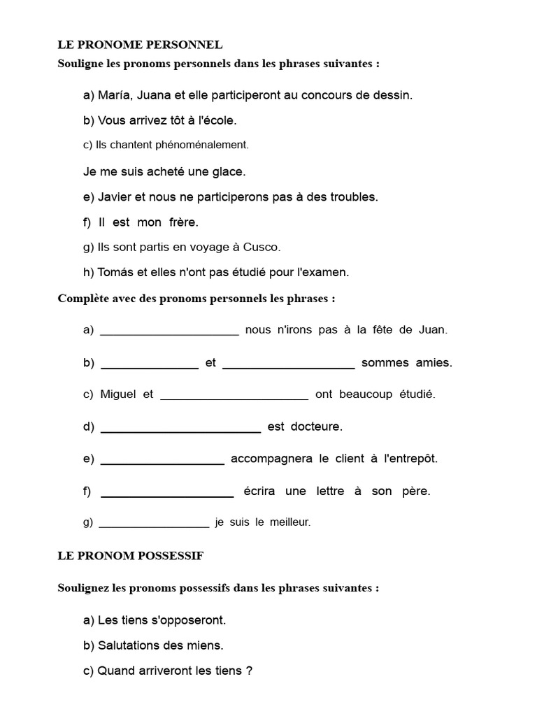 Exercices sur les pronoms personnels et possessifs | PDF | Pronom
