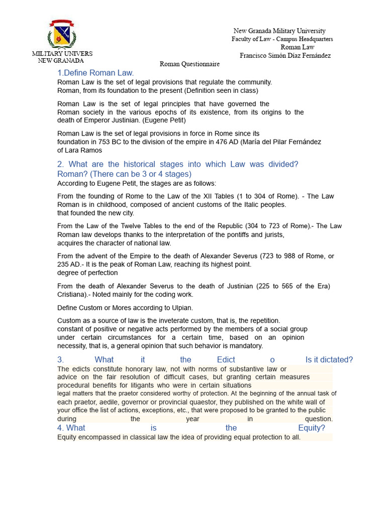 Final Exam Questionnaire 2021-1 Roman Law | PDF | Marriage | Roman Law