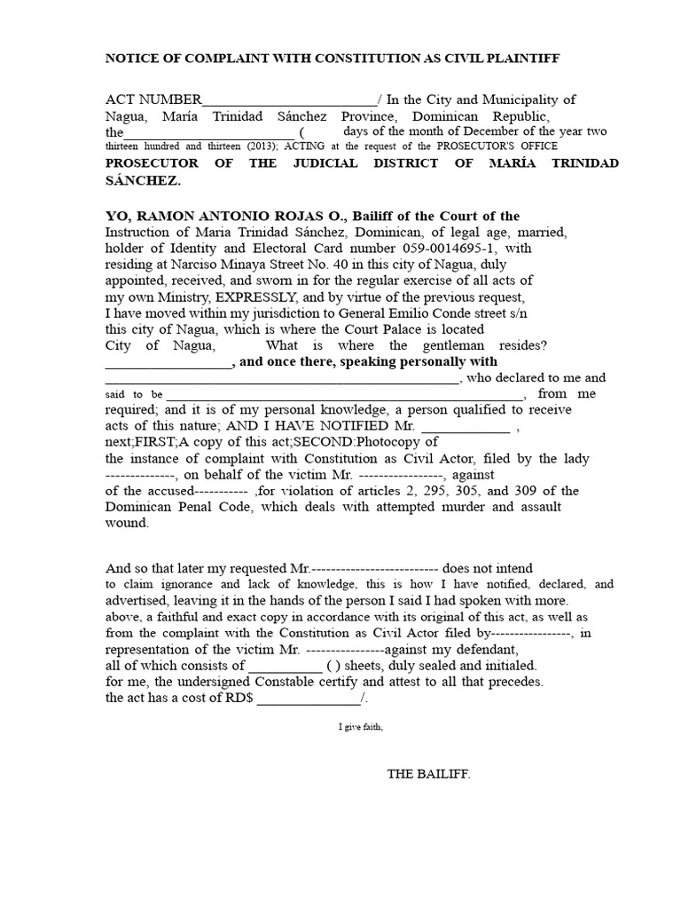 Notification of Complaint With Constitution As Civil Actor | PDF ...