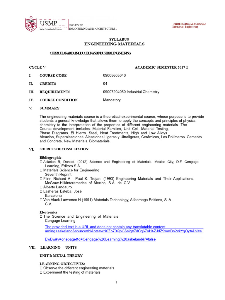 Engineering Materials Course Syllabus | PDF | Heat Treating | Steel