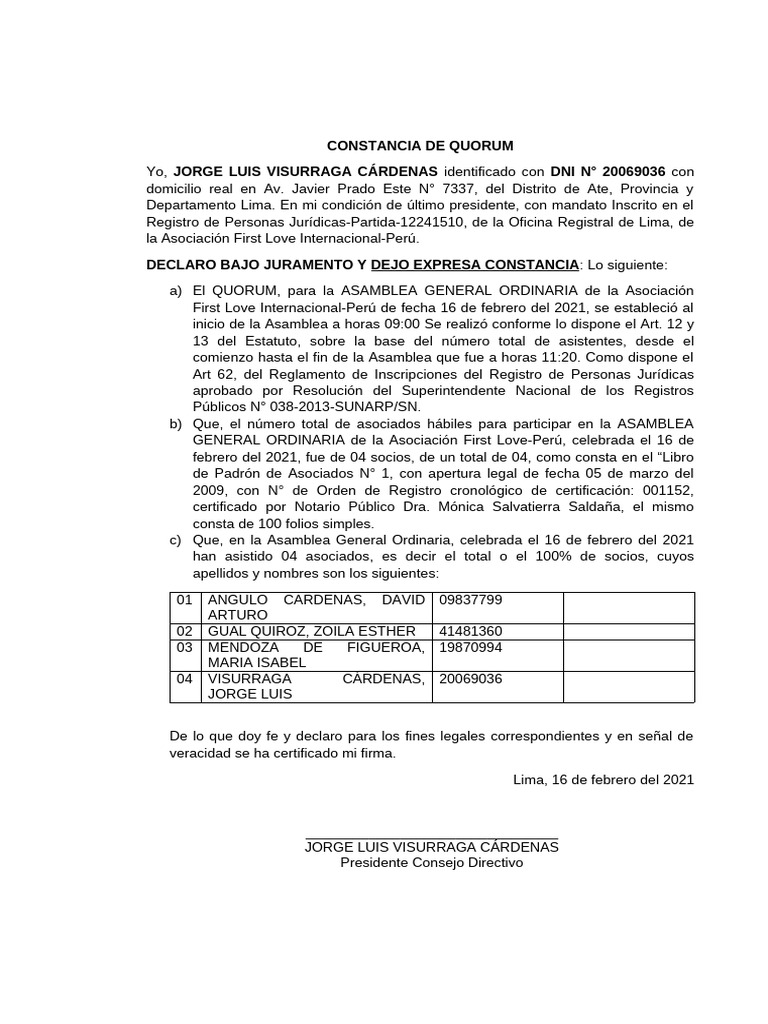 Constancia de Quorum Asamblea 2021 | PDF
