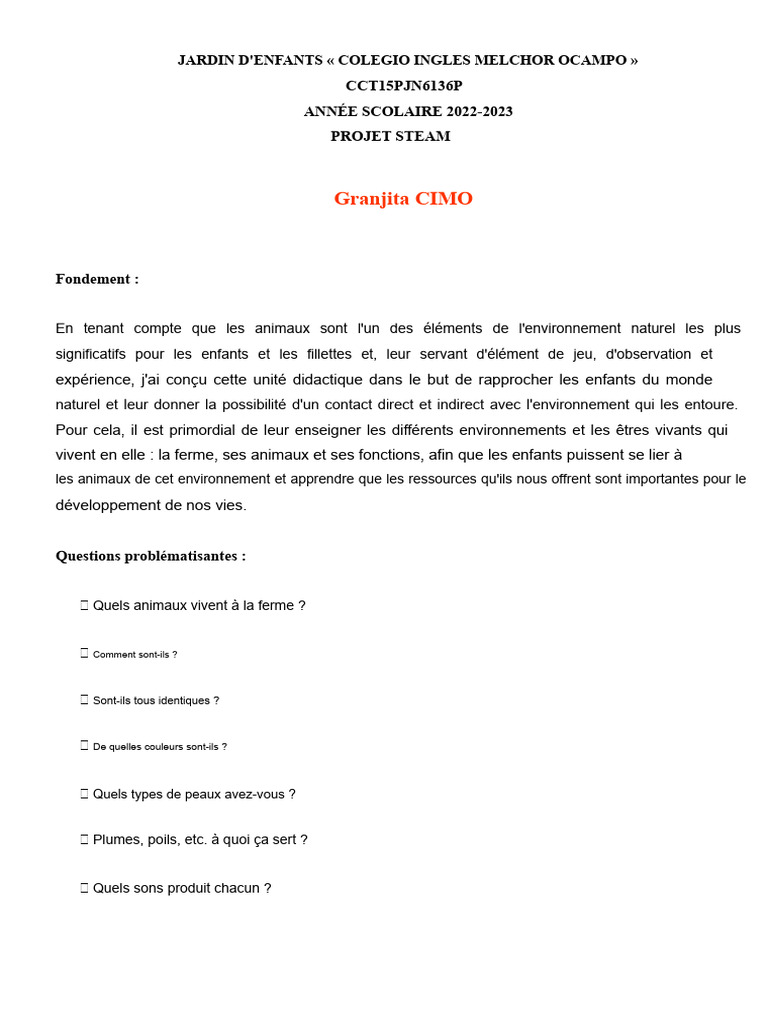 Projet STEAM : Découverte des animaux de la ferme | PDF | Environnement ...