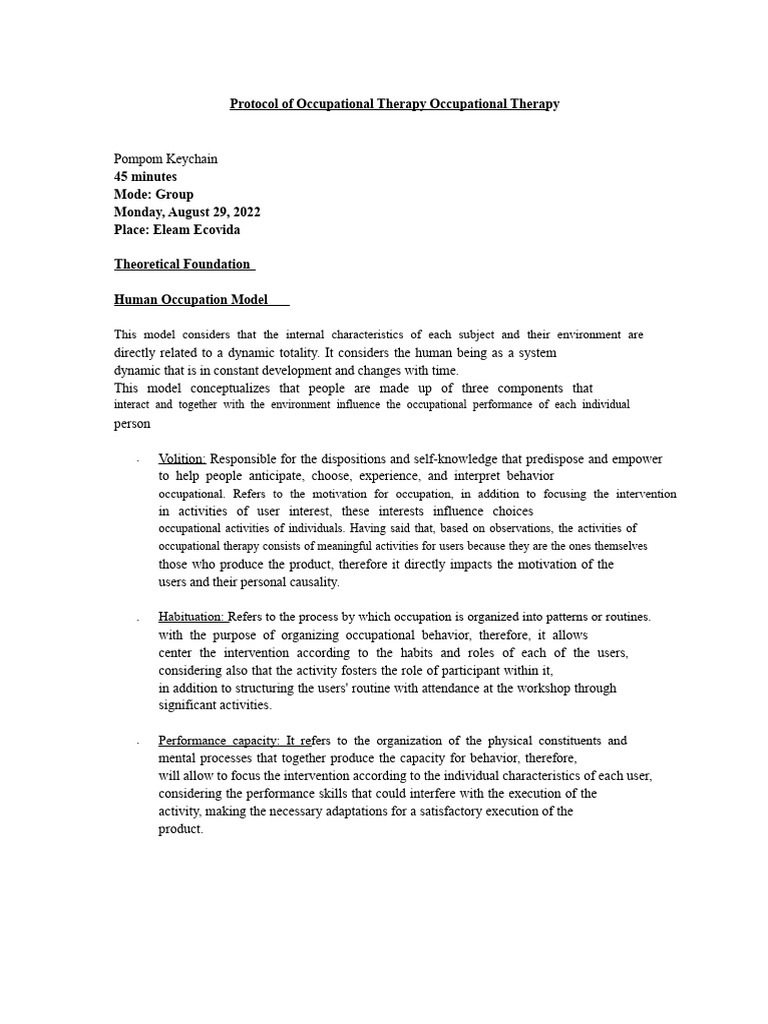Occupational Therapy Activity Protocol | PDF | Psychological Concepts ...