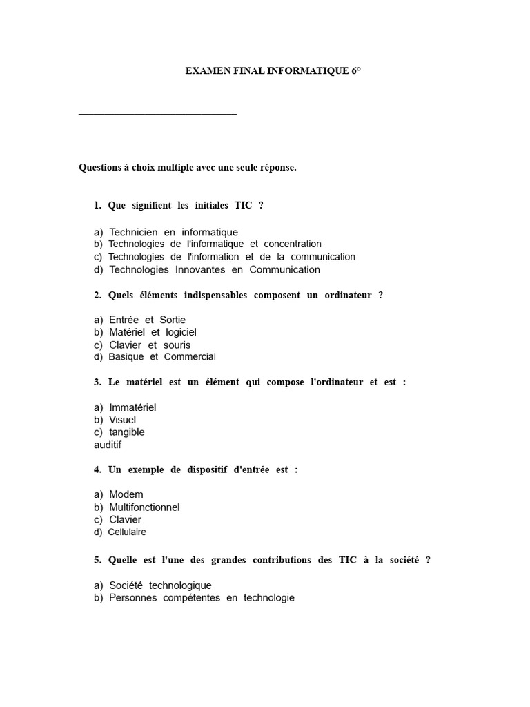 Examen Informatique 6° : Questions TIC | PDF | Technologies de l ...